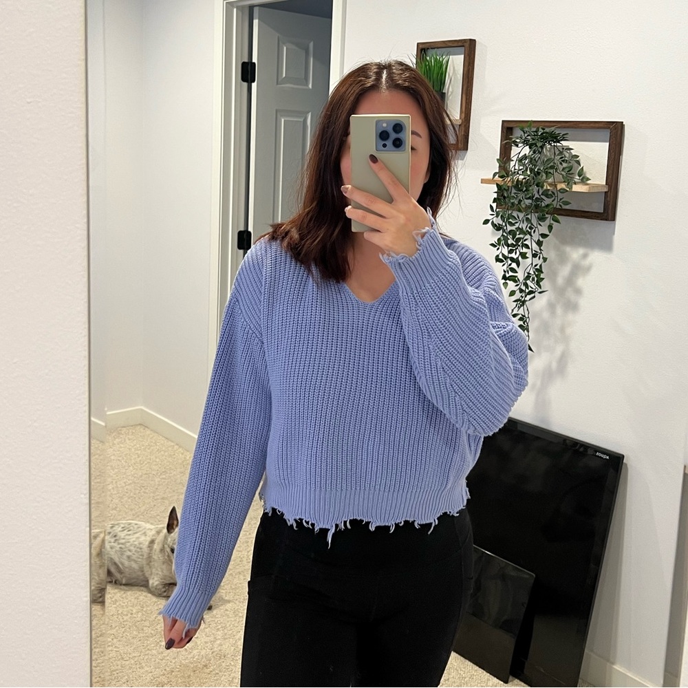 Cropped Raw Hem Knit Hoodie Sweater